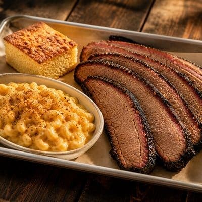 Sliced smoked brisket with a peppery bark, a bowl of mac and cheese and a square of cornbread on a metal tray