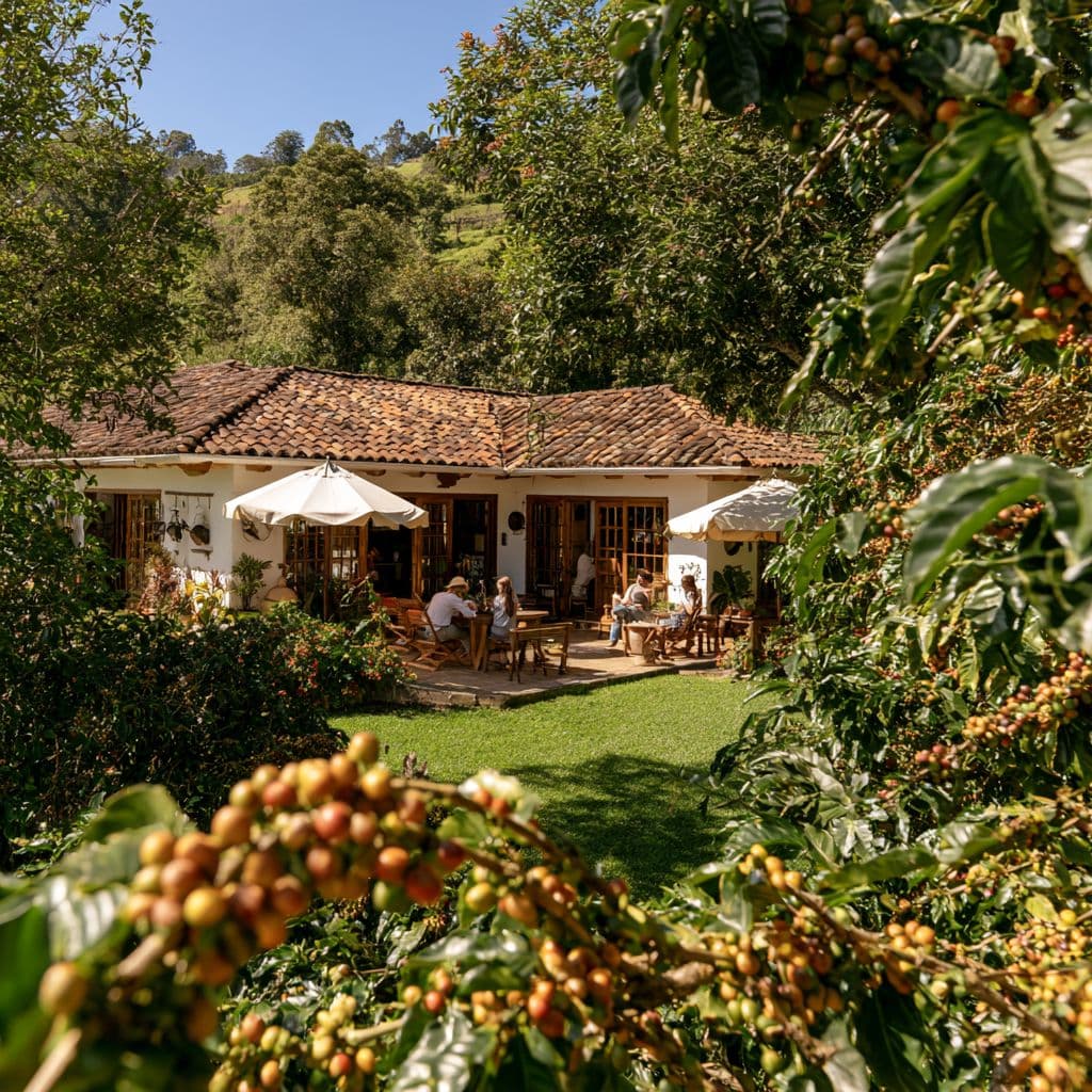 A tile-roofed coffee farm hacienda in Ecuador, framed by branches of ripening coffee cherries
