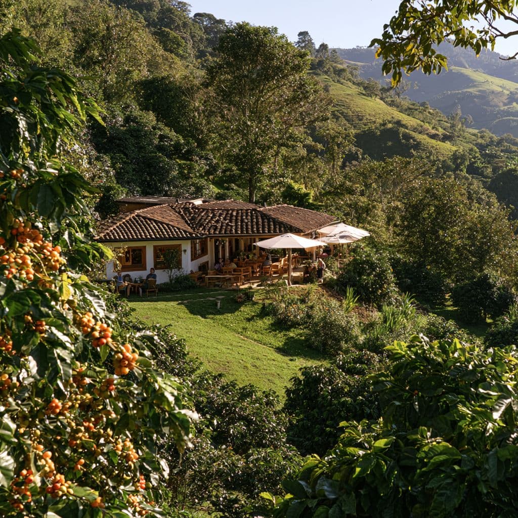 A farmhouse on a green hillside surrounded by coffee trees and Andean mountains