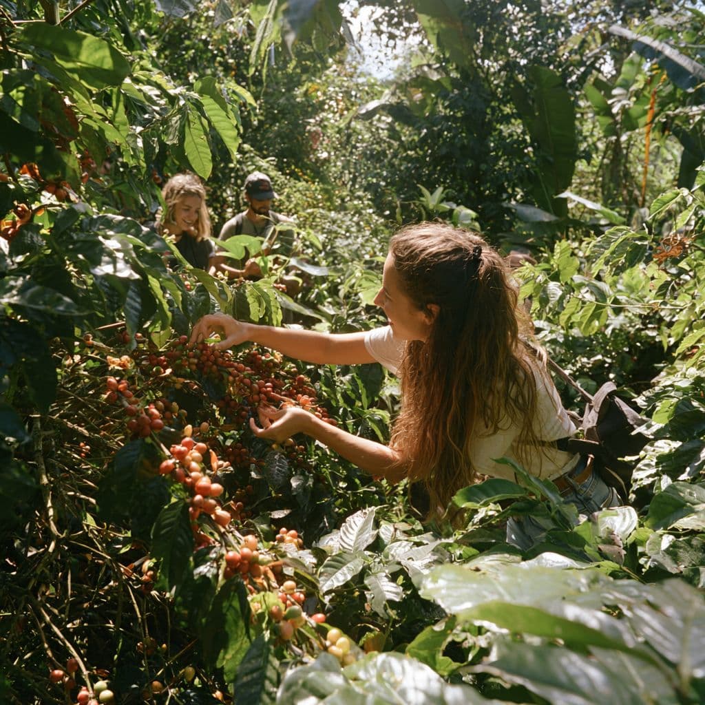 A woman picking ripe coffee cherries from dense green coffee trees