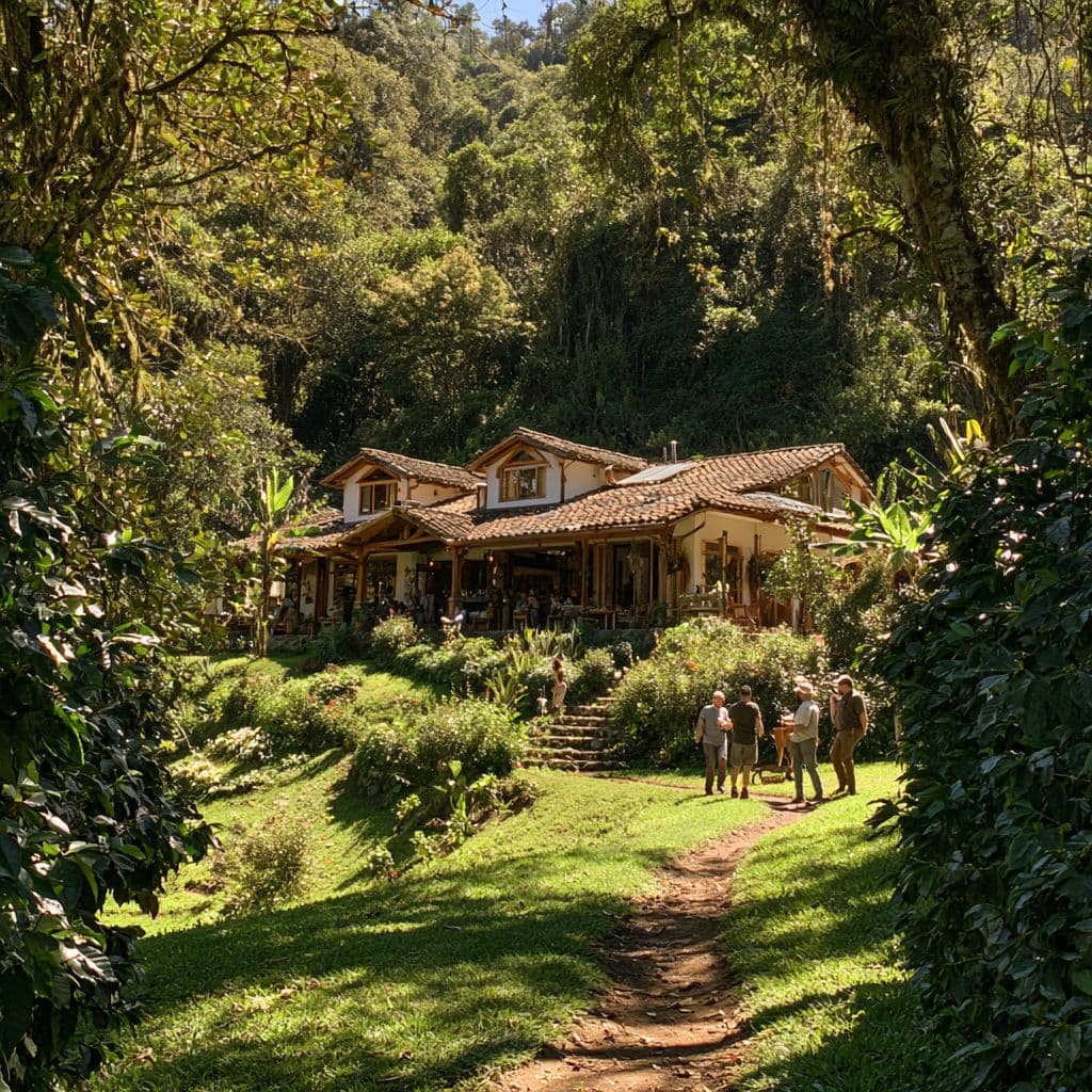 A group walking a grassy trail through coffee trees toward a farmhouse in the forest