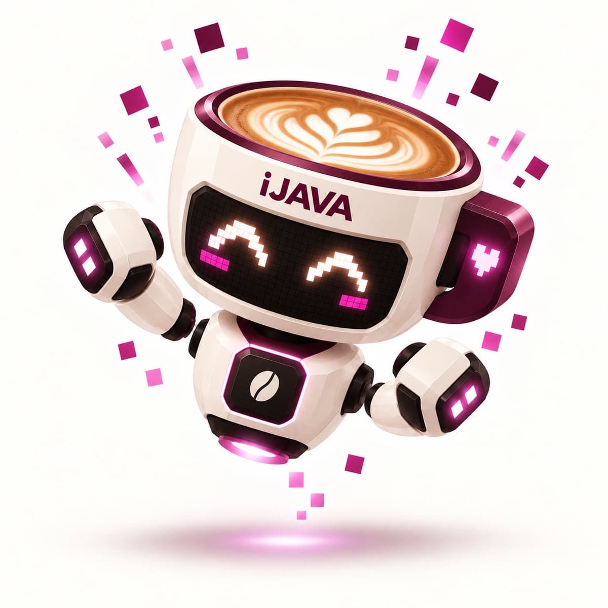 Java, the iJava AI companion, cheering with both hands up among pixel confetti
