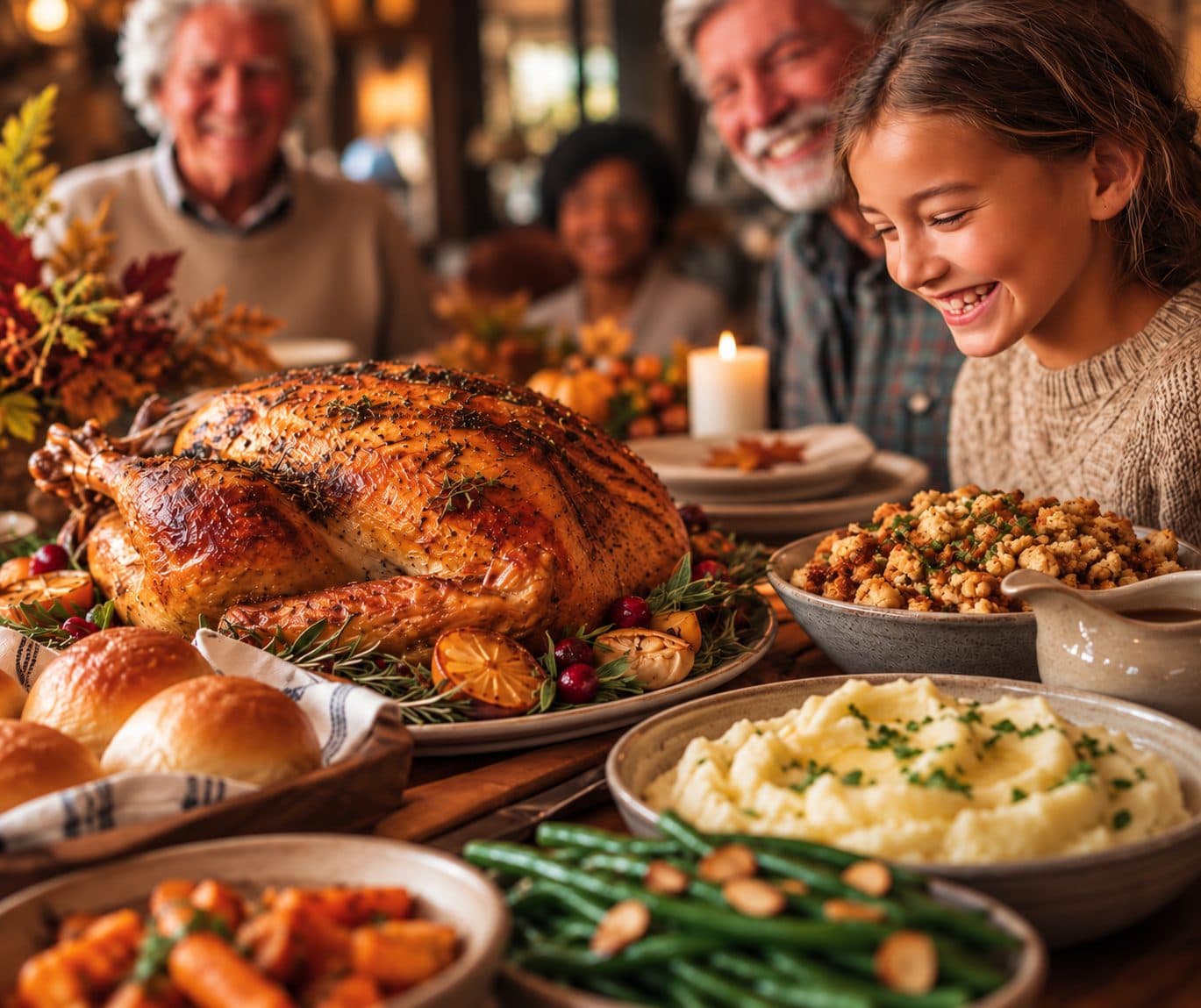 A smiling family gathered around a smoked turkey with stuffing, mashed potatoes, green beans and rolls