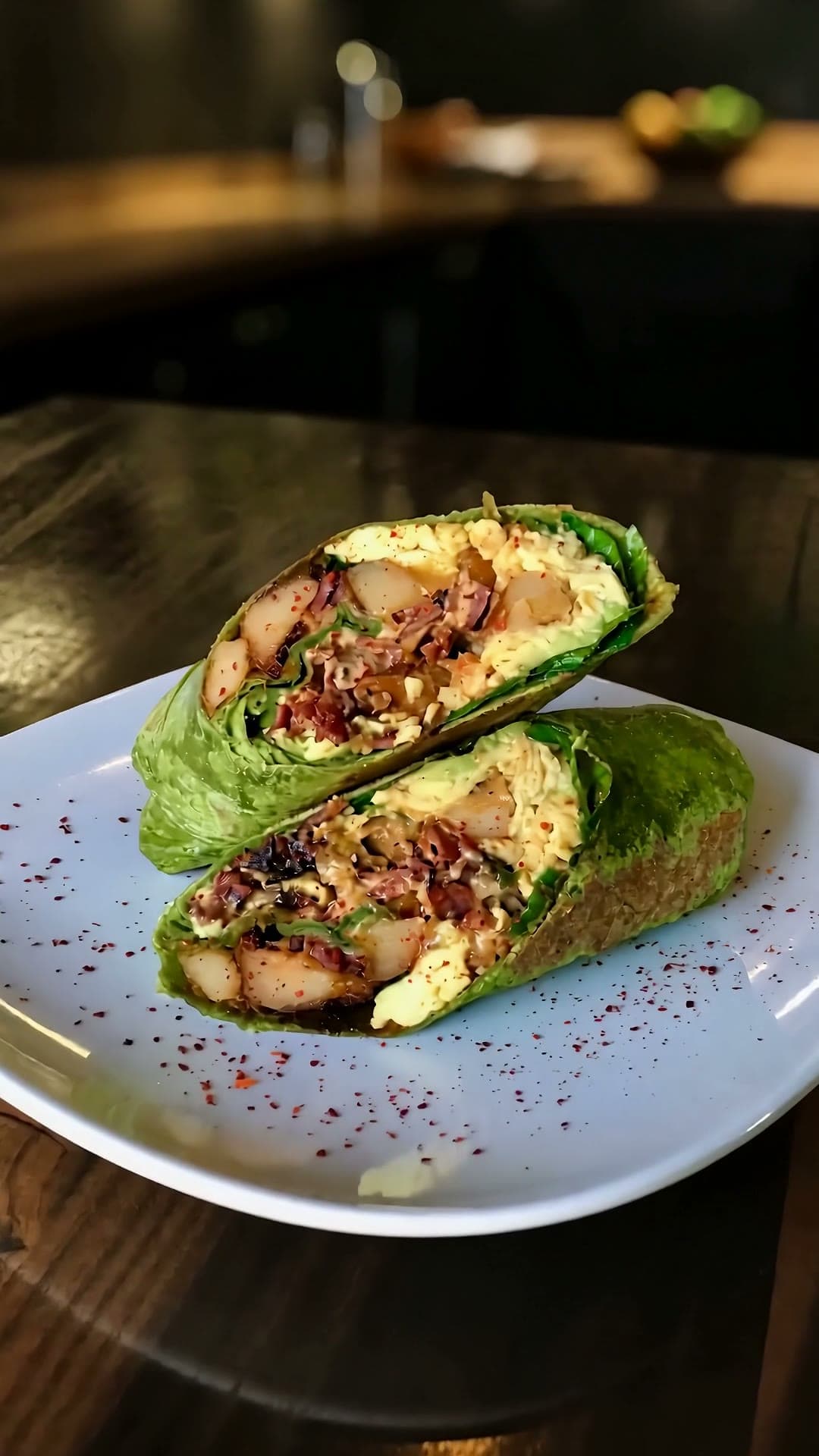 The Fully Loaded Burrito sliced in half on a white plate, layers of egg, beef bacon, potato, spinach and avocado visible in the cross-section.