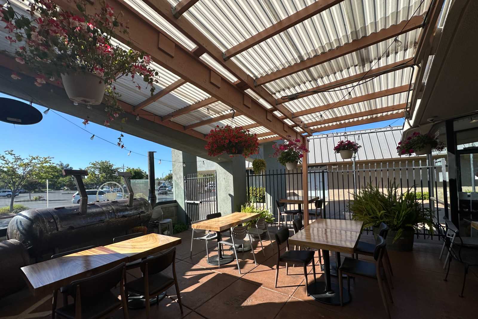 iJava Cafe private event space with big windows and hanging flowers, San Jose