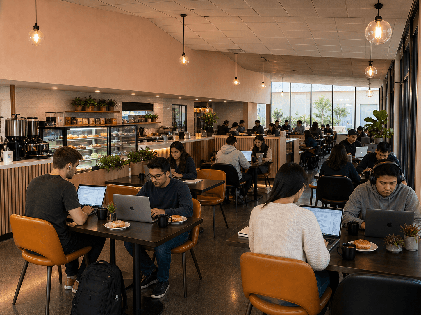 People working on laptops with coffee and brunch at iJava in San Jose