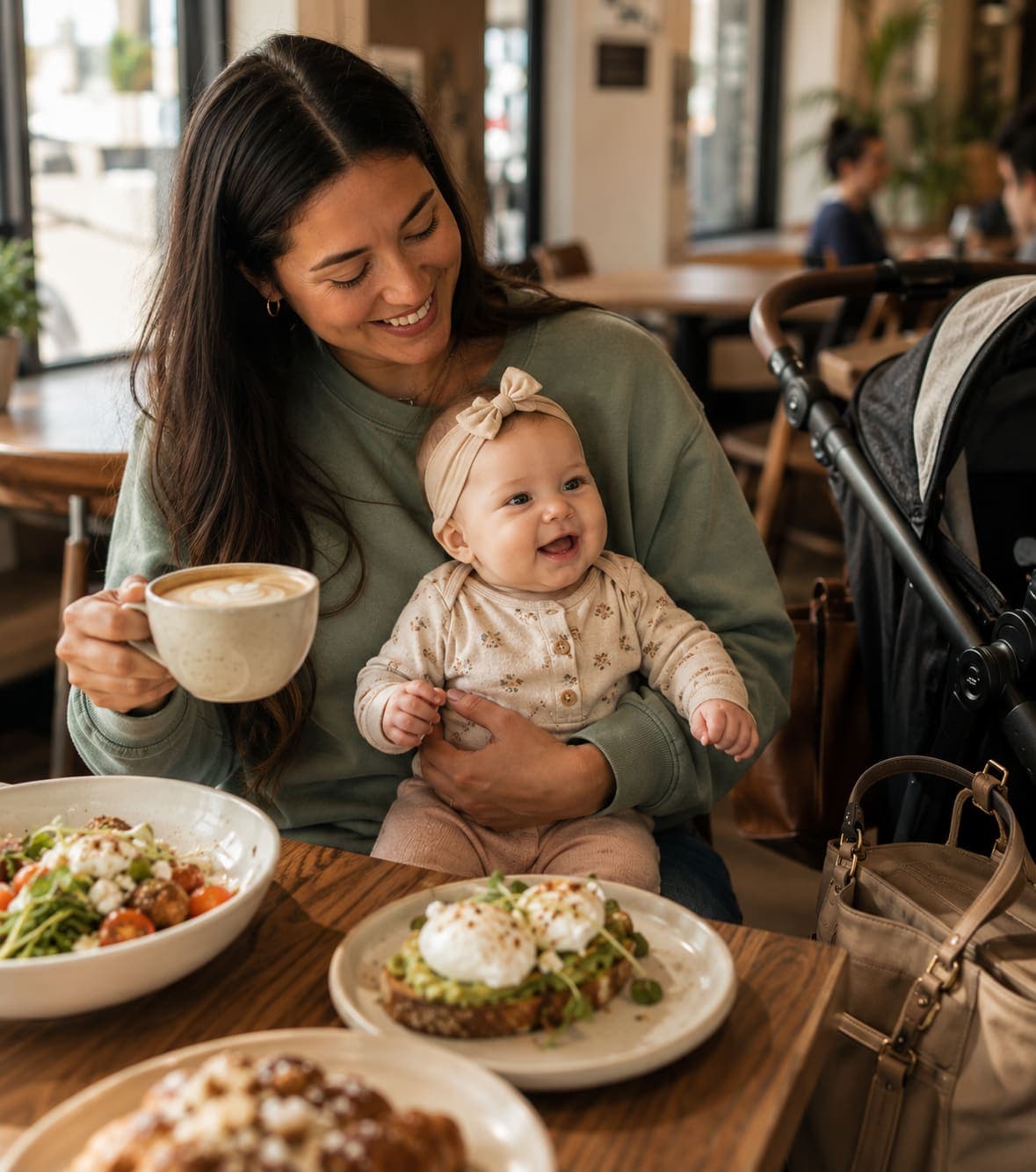 A mama smiling with her baby and a latte at iJava, stroller and diaper bag beside her.