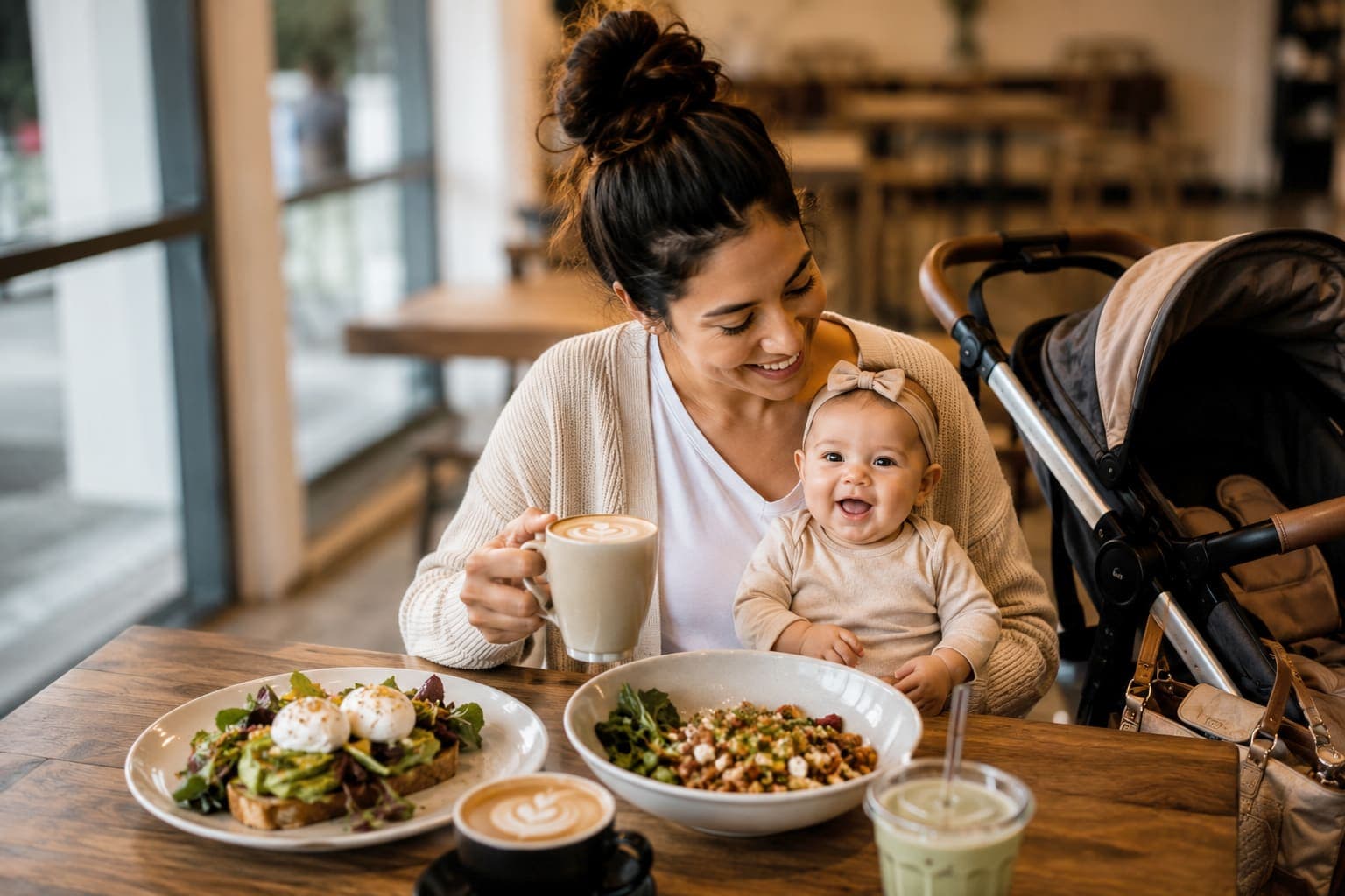 A mama holding her smiling baby over brunch at iJava — a latte, avocado toast and a grain bowl on the table, her stroller parked right beside her.