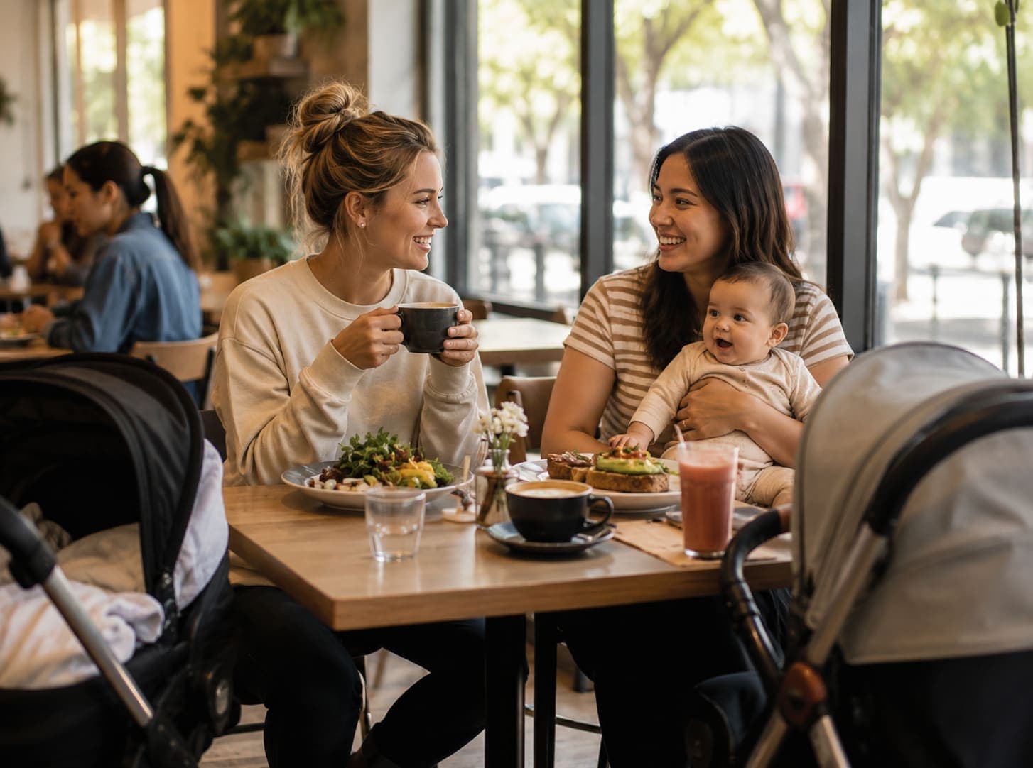 Two mamas settled in together over brunch at iJava, a baby on one lap and their two strollers parked beside the table.